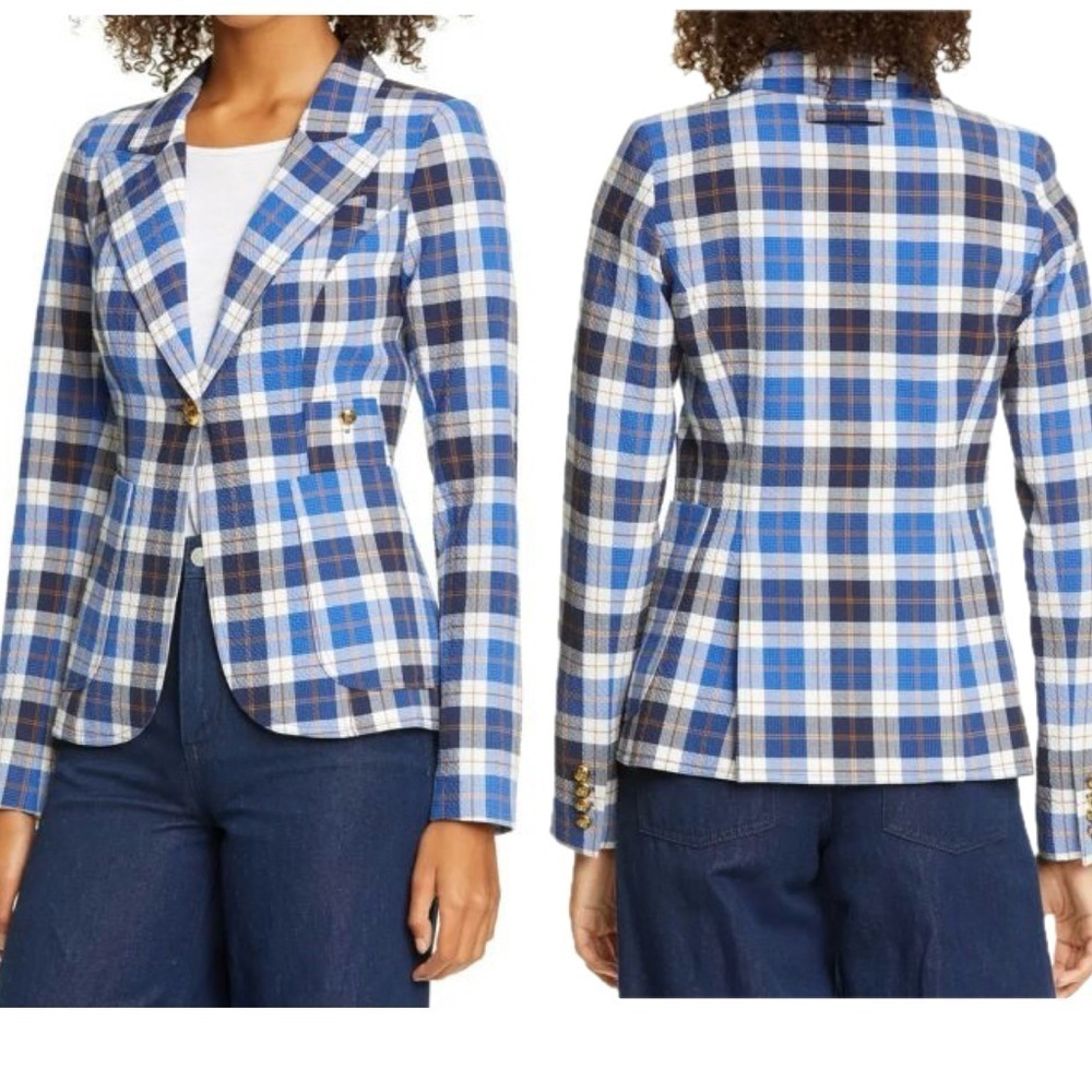 Smythe Patch Pocket Duchess Blazer in Blue & White Plaid Sz 4 NWOT preppy classy